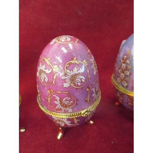 4 - THREE DECORATIVE PORCELAIN EGGS - PURPLE, GREEN & BLUE LUSTRE - 10CM