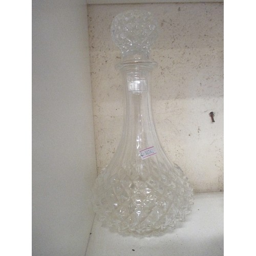 426 - 2 CUT GLASS DECANTERS AND VINTAGE CERAMIC MINIATURE OIL LAMP