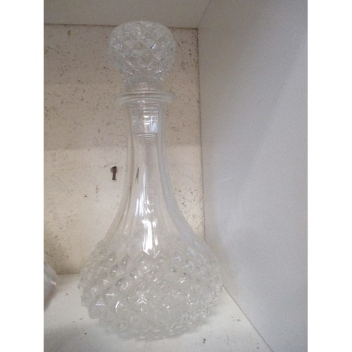 426 - 2 CUT GLASS DECANTERS AND VINTAGE CERAMIC MINIATURE OIL LAMP