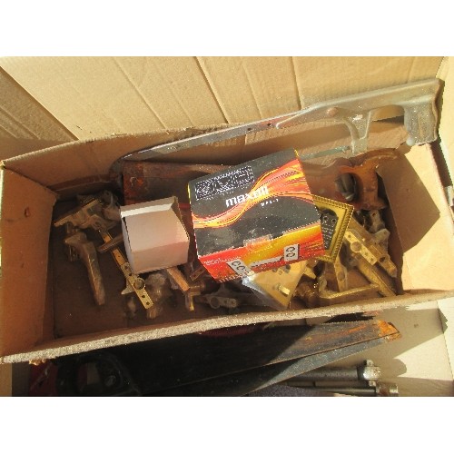 441 - LARGE BOX OF MIXED TOOLS - SAWS, WINDOW HANDLES, PORTABLE SOUND SYSTEM ETC