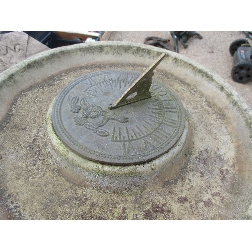 487 - ATTRACTIVE SUNDIAL/BIRD BATH (composite)ON PLINTH SITTING ON CIRCULAR COMPASS SLABS ( N/W/S/E