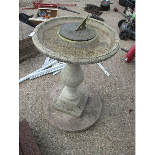 487 - ATTRACTIVE SUNDIAL/BIRD BATH (composite)ON PLINTH SITTING ON CIRCULAR COMPASS SLABS ( N/W/S/E