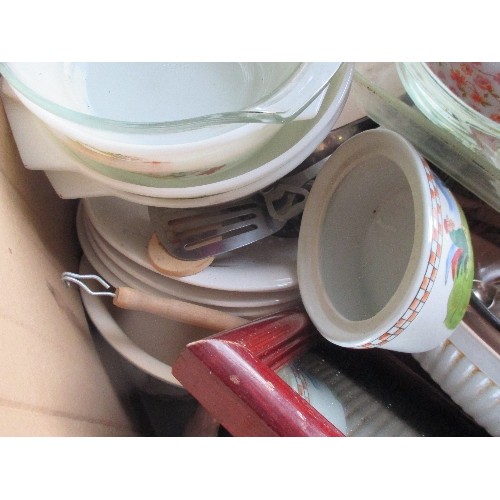 516 - LARGE BOX OF KITCHENWARE- PYREX, OVEN TO TABLEWARE, CUTLERY ETC