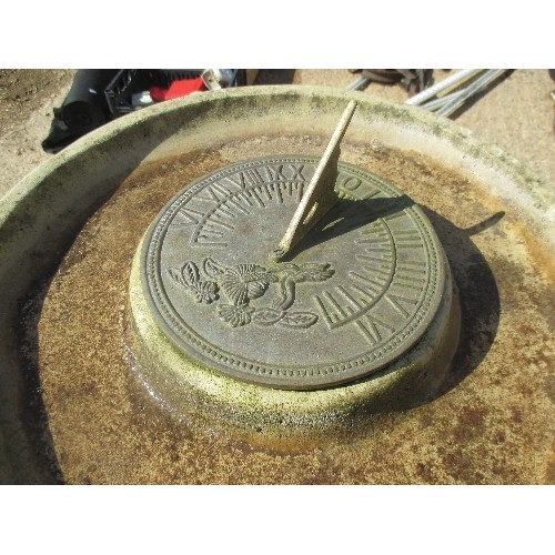 487 - ATTRACTIVE SUNDIAL/BIRD BATH (composite)ON PLINTH SITTING ON CIRCULAR COMPASS SLABS ( N/W/S/E