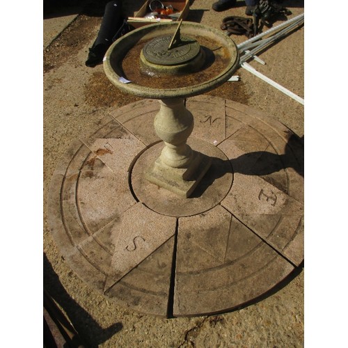 487 - ATTRACTIVE SUNDIAL/BIRD BATH (composite)ON PLINTH SITTING ON CIRCULAR COMPASS SLABS ( N/W/S/E