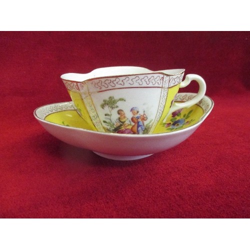 6 - 19TH CENTURY MEISSEN CABINET CUP AND SAUCER, HAND PAINTED WITH COUPLES AND YELLOW PANELS WITH FLORAL... 