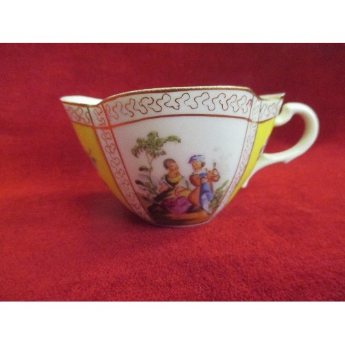 6 - 19TH CENTURY MEISSEN CABINET CUP AND SAUCER, HAND PAINTED WITH COUPLES AND YELLOW PANELS WITH FLORAL... 