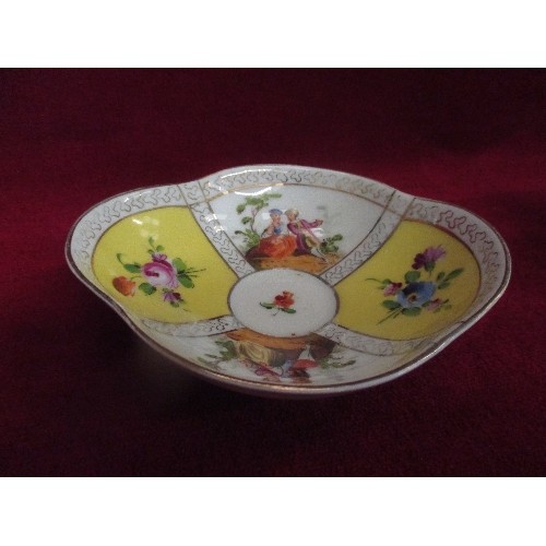 6 - 19TH CENTURY MEISSEN CABINET CUP AND SAUCER, HAND PAINTED WITH COUPLES AND YELLOW PANELS WITH FLORAL... 