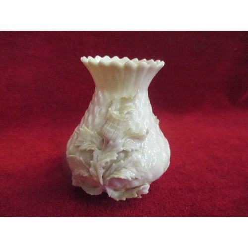 7 - RARE PAIR OF BELLEEK, FERMANAGH, IRELAND THISTLE VASES - 2ND BLACK MARK PERIOD 1891 - 1926 - 7CM