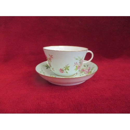 9 - AN EXTREMELY FINE 19TH CENTURY PORCELAIN CABINET CUP AND SAUCER, HAND PAINTED WITH PINK FLOWERS. MAR... 