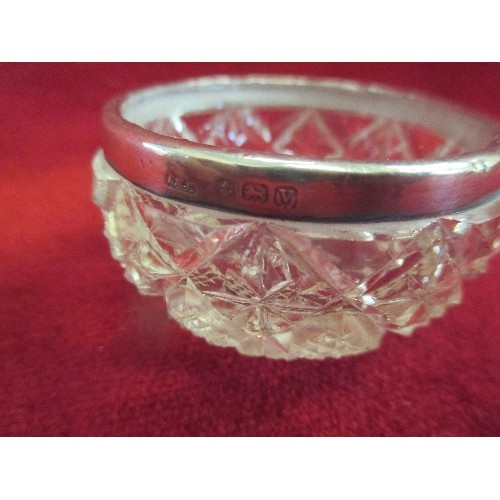 34 - CUT GLASS SALT WITH SILVER RIM, BIRM 1920, TOGETHER WITH A SILVER SALT SPOON BIRM 1904