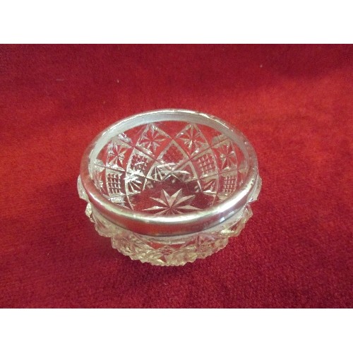 34 - CUT GLASS SALT WITH SILVER RIM, BIRM 1920, TOGETHER WITH A SILVER SALT SPOON BIRM 1904