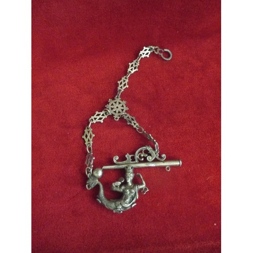 43 - VERY RARE AND EARLY WHITE METAL MERMAID WHISTLE (BOSUN'S SHAPE) ON CHATELAINE TYPE CHAIN - MERMAID F... 