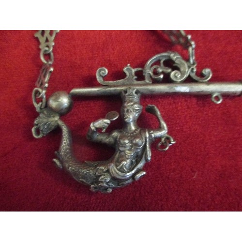 43 - VERY RARE AND EARLY WHITE METAL MERMAID WHISTLE (BOSUN'S SHAPE) ON CHATELAINE TYPE CHAIN - MERMAID F... 