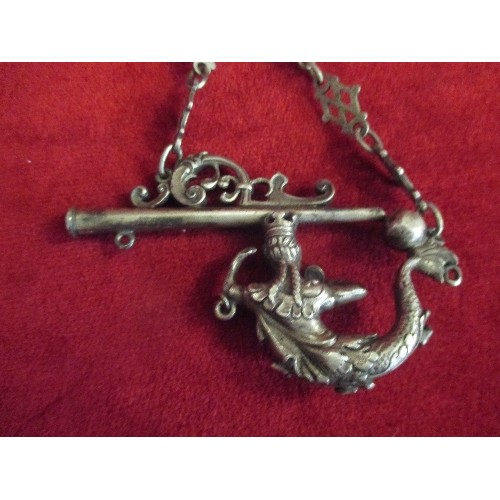 43 - VERY RARE AND EARLY WHITE METAL MERMAID WHISTLE (BOSUN'S SHAPE) ON CHATELAINE TYPE CHAIN - MERMAID F... 