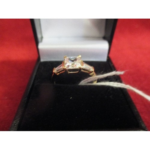 47 - A 14CT GOLD ENGAGEMENT RING SET WITH DIAMONIQUE CUBIC ZIRCONIA  - SIZE O - 2.4 GRAMS