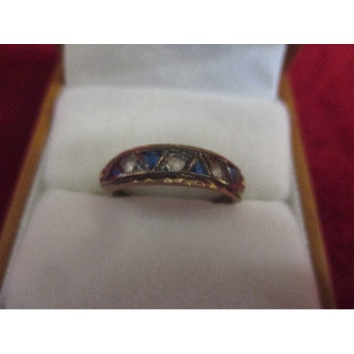 55 - 9 CT GOLD ART DECO HALF ETERNITY RING WITH TRIANGLE CUT BLUE STONES AND CLEAR STONES - RING HAS BEEN... 