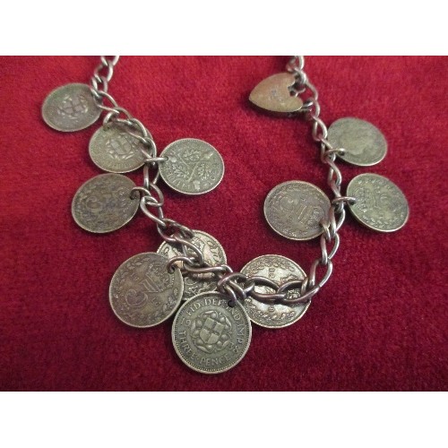 58 - SILVER THREEPENNY BIT NECKLACE WITH 12 THREEPENNY BITS (4 X VICTORIA, 4 X GEORGE V, 4 X GEORGE VI), ... 