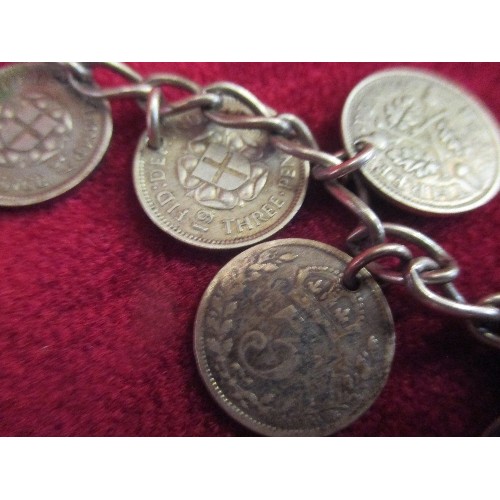 58 - SILVER THREEPENNY BIT NECKLACE WITH 12 THREEPENNY BITS (4 X VICTORIA, 4 X GEORGE V, 4 X GEORGE VI), ... 