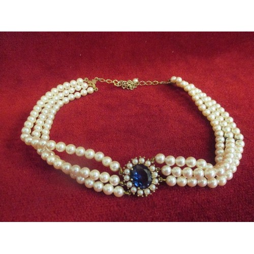 68 - BEAUTIFUL SIMULATED PEARL CHOKER NECKLACE IN THE EDWARDIAN STYLE WITH CENTRAL BLUE STONE - STERLING ... 