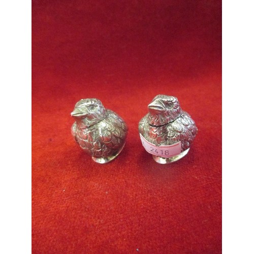 89 - PAIR OF 19TH CENTURY CONTINENTAL SILVER METAL (TESTS AS 800) CHICK SALT AND PEPPER POTS - 3.5CM