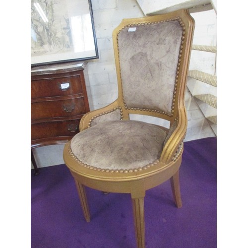 218 - GILT FRAMED OCCASIONAL CHAIR IN ANTIQUE STYLE WITH FLUTED LEGS - UPHOLSTERED IN FAUX SUEDE FABRIC WI... 