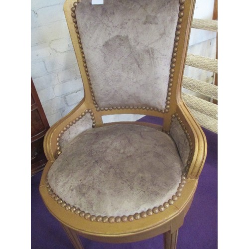 218 - GILT FRAMED OCCASIONAL CHAIR IN ANTIQUE STYLE WITH FLUTED LEGS - UPHOLSTERED IN FAUX SUEDE FABRIC WI... 