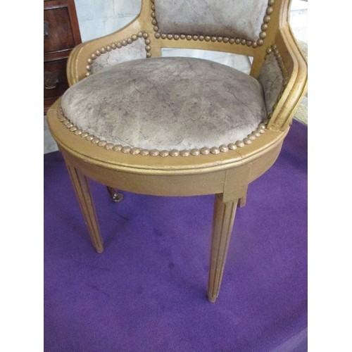 218 - GILT FRAMED OCCASIONAL CHAIR IN ANTIQUE STYLE WITH FLUTED LEGS - UPHOLSTERED IN FAUX SUEDE FABRIC WI... 