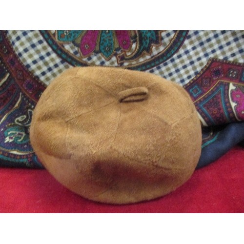 239 - BEAUTIFUL VINTAGE SUEDE 1930'S BERET/HAT, WITH AQUASCUTUM OF LONDON HEAD SCARF.