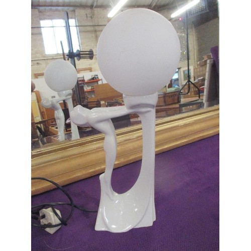 268 - WHITE PORCELAIN TABLE LAMP WITH WHITE GLASS GLOBE - IN ART DECO STYLE - 44CM