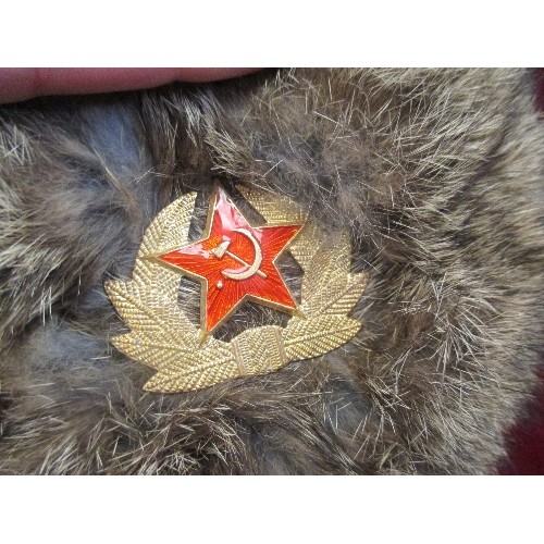 232 - VINTAGE USSR MILITARY FUR HAT WITH SOVIET BADGE. LABEL INSIDE IS USSR. RABBIT FUR.