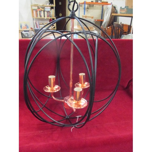 270 - CONTEMPORARY WIRE CAGE LIGHT FITTING WITH COPPER THREE BRANCH BULB HOLDERS - 45CM