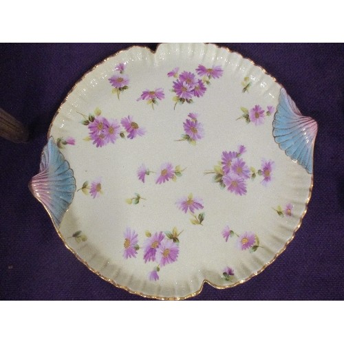 182 - LATE 19TH CENTURY PORCELAIN TRAY HAND PAINTED WITH FLOWERS AND WITH SHELL HANDLES - 37CM DIA