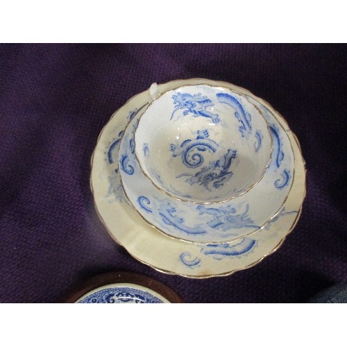 172 - SMALL COLLECTION OF 19TH CENTURY STAFFORDSHIRE BLUE AND WHITE POTTERY INC A DRAGON TRIO MARKED TLK, ... 