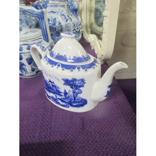 174 - COLLECTION OF VINTAGE ORIENTAL BLUE AND WHITE PORCELAIN TEA POTS INCLUDING JAPANESE TEAPOT WITH WICK... 