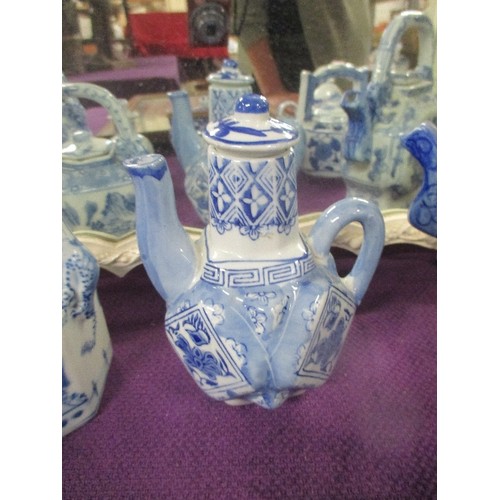 174 - COLLECTION OF VINTAGE ORIENTAL BLUE AND WHITE PORCELAIN TEA POTS INCLUDING JAPANESE TEAPOT WITH WICK... 