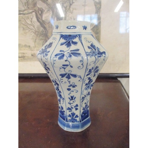 171 - ANTIQUE DUTCH DELFT OCTAGONAL WAISTED VASE - OLD HAIRLINE CRACK TO RIM - SIGNED WITH MONOGRAM - SEE ... 