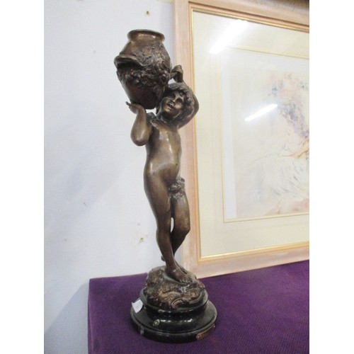 221 - LARGE 20TH CENTURY CLASSICAL BRONZE FIGURE OF A BOY HOLDING AN URN WITH THE FACE OF A SATYR - ENTITL... 