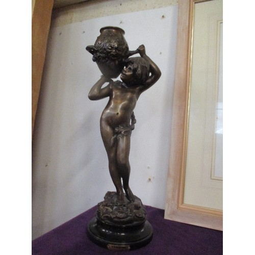 221 - LARGE 20TH CENTURY CLASSICAL BRONZE FIGURE OF A BOY HOLDING AN URN WITH THE FACE OF A SATYR - ENTITL... 