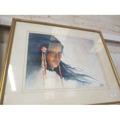 154 - WATERCOLOUR OF AN AMERICAN INDIAN BY MAY PHILLIPS 1993 - FRAMED AND GLAZED - 66CM X 54CM