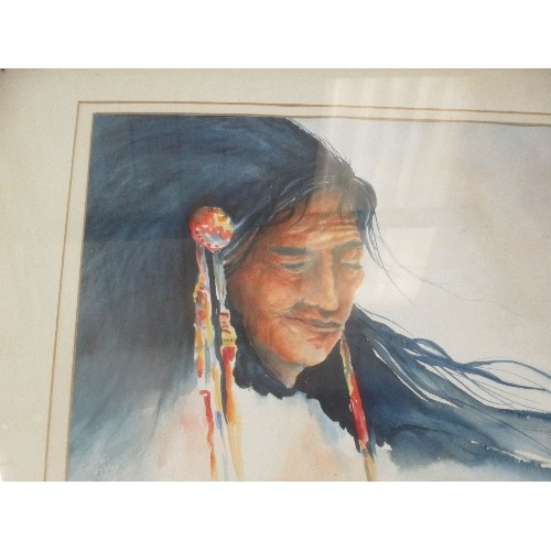 154 - WATERCOLOUR OF AN AMERICAN INDIAN BY MAY PHILLIPS 1993 - FRAMED AND GLAZED - 66CM X 54CM