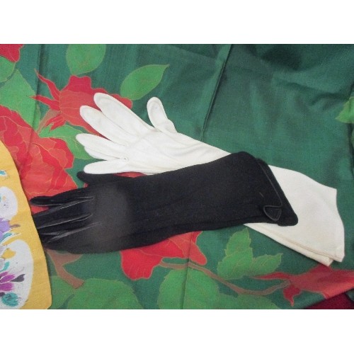 242B - VINTAGE THAI SILK SCARF IN EMERALD GREEN WITH RED FLORAL DETAIL, ALSO 2 PAIRS OF LONG FORMAL GLOVES,... 