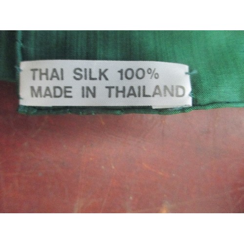 242B - VINTAGE THAI SILK SCARF IN EMERALD GREEN WITH RED FLORAL DETAIL, ALSO 2 PAIRS OF LONG FORMAL GLOVES,... 