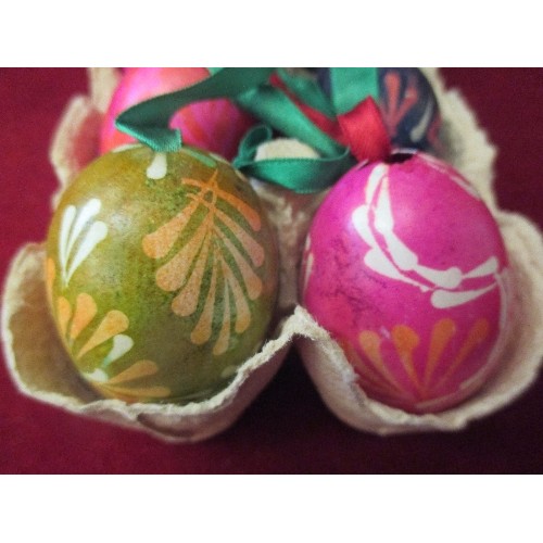 182B - VINTAGE 20TH CENTURY DECORATED EGGS. EASTERN EUROPEAN. 6 EGGS COMPLETE WITH RIBBONS.