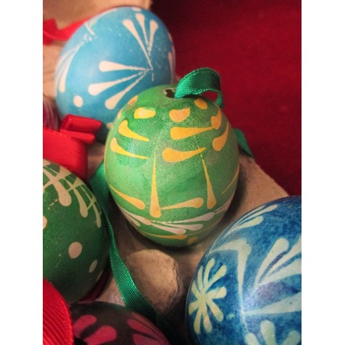 182A - VINTAGE 20TH CENTURY DECORATED EGGS, EASTERN EUROPEAN. BOX OF 6 COMPLETE WITH RIBBONS.