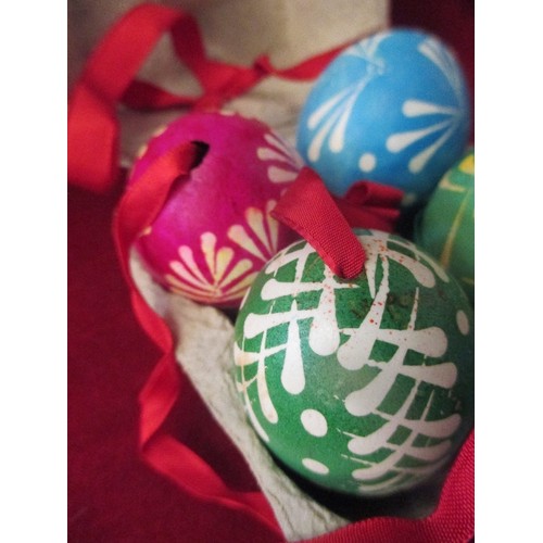 182A - VINTAGE 20TH CENTURY DECORATED EGGS, EASTERN EUROPEAN. BOX OF 6 COMPLETE WITH RIBBONS.