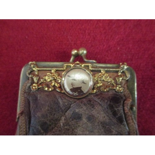 96 - LATE 19TH CENTURY LEATHER COMMEMORATIVE COIN PURSE WITH GILT DETAIL AND A PHOTOGRAPH OF AN ADMIRAL I... 