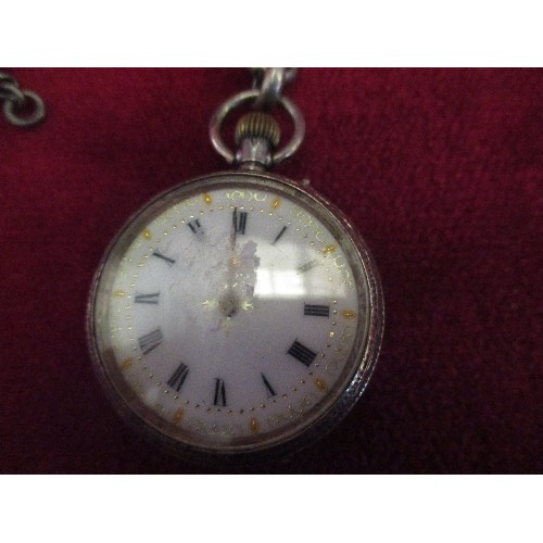 102 - A VICTORIAN STERLING SILVER LADIES POCKET WATCH WITH WHITE ENAMEL FACE WITH RAISED GILDING - WORKING... 