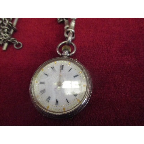 102 - A VICTORIAN STERLING SILVER LADIES POCKET WATCH WITH WHITE ENAMEL FACE WITH RAISED GILDING - WORKING... 