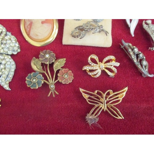 143 - SELECTION  OF COSTUME JEWELLERY, SOME VINTAGE INCLUDING A MOTHER OF PEARL LEAF BROOCH, MARCASITE BRO... 